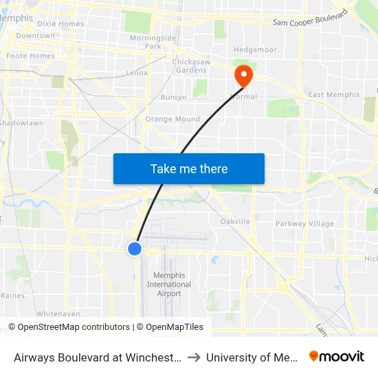 Airways Boulevard at Winchester Road to University of Memphis map