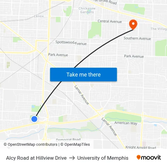 Alcy Road at Hillview Drive to University of Memphis map