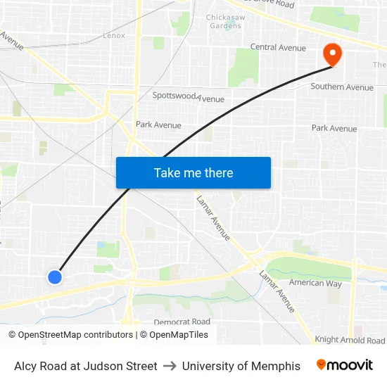 Alcy Road at Judson Street to University of Memphis map