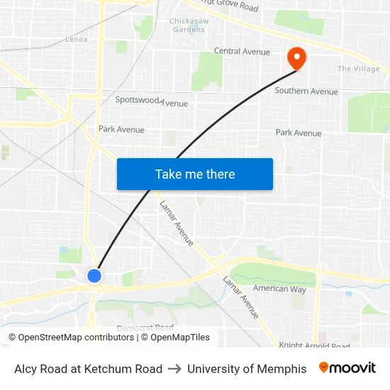 Alcy Road at Ketchum Road to University of Memphis map