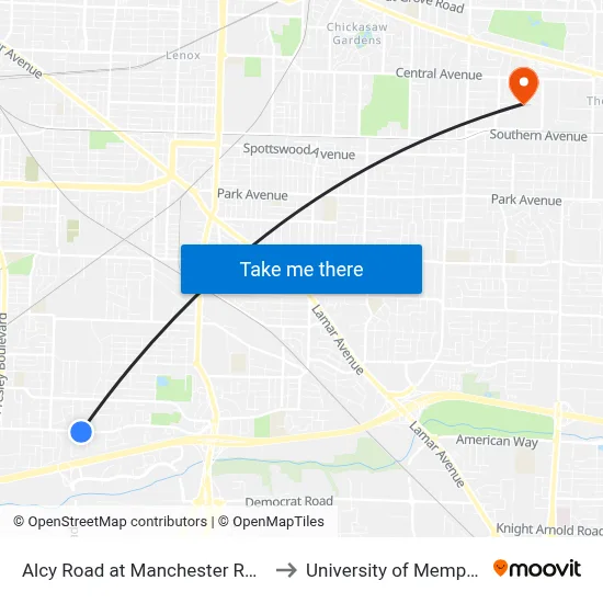 Alcy Road at Manchester Road to University of Memphis map