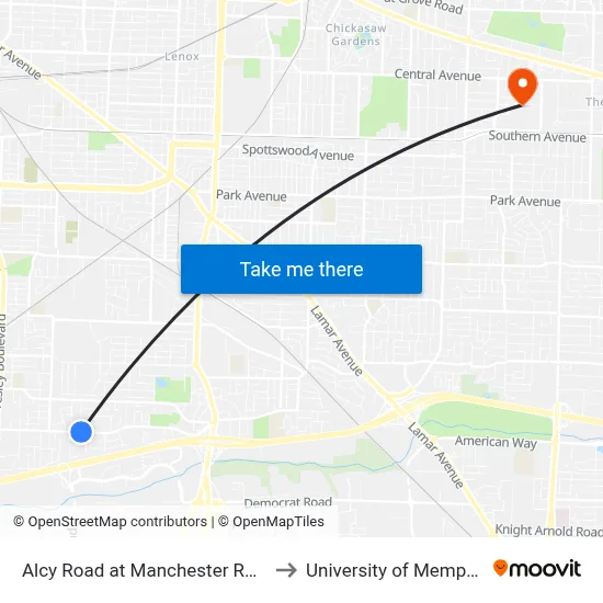 Alcy Road at Manchester Road to University of Memphis map