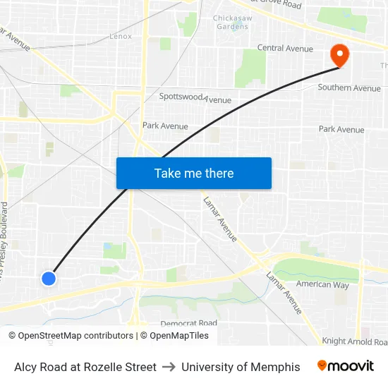Alcy Road at Rozelle Street to University of Memphis map