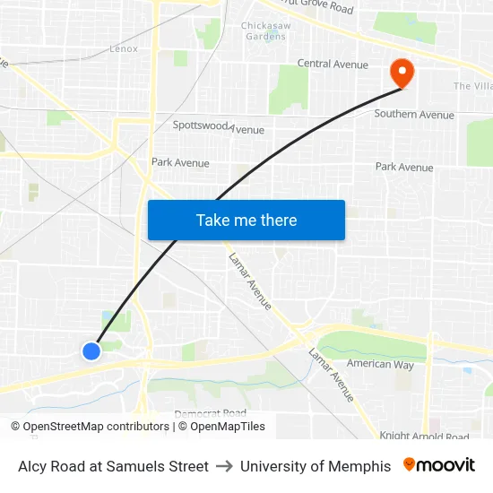 Alcy Road at Samuels Street to University of Memphis map