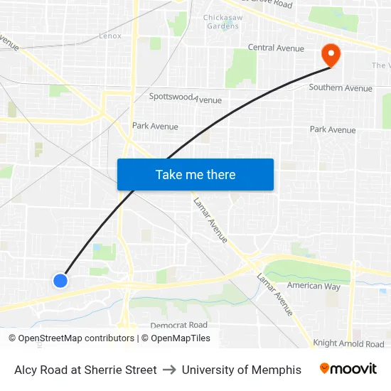 Alcy Road at Sherrie Street to University of Memphis map