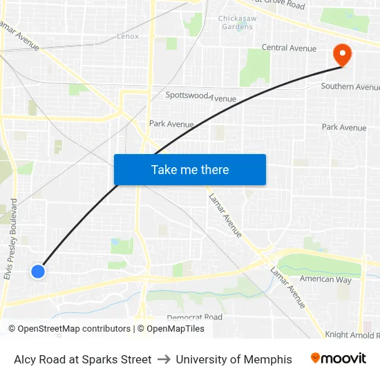 Alcy Road at Sparks Street to University of Memphis map