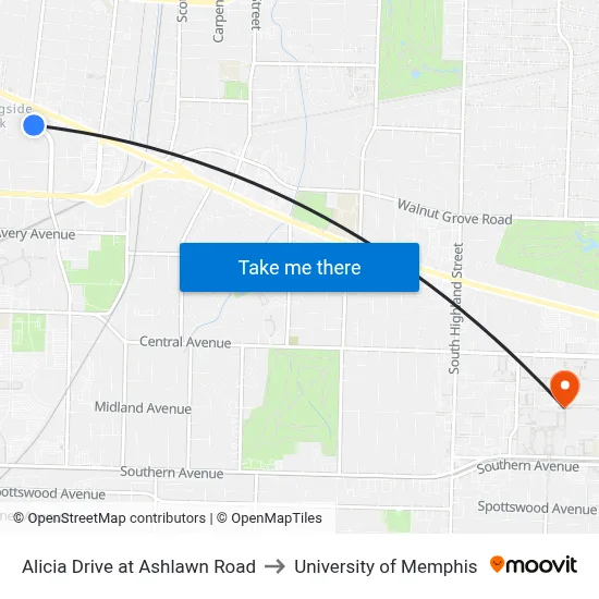Alicia Drive at Ashlawn Road to University of Memphis map
