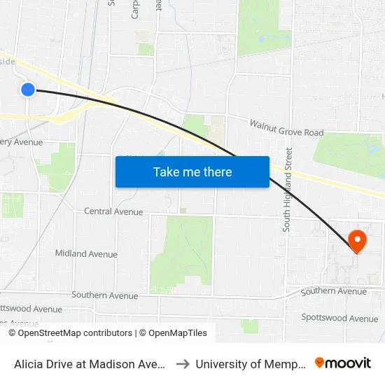 Alicia Drive at Madison Avenue to University of Memphis map