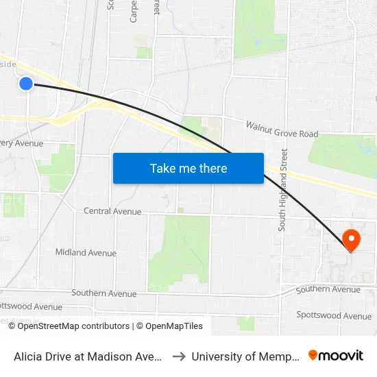 Alicia Drive at Madison Avenue to University of Memphis map