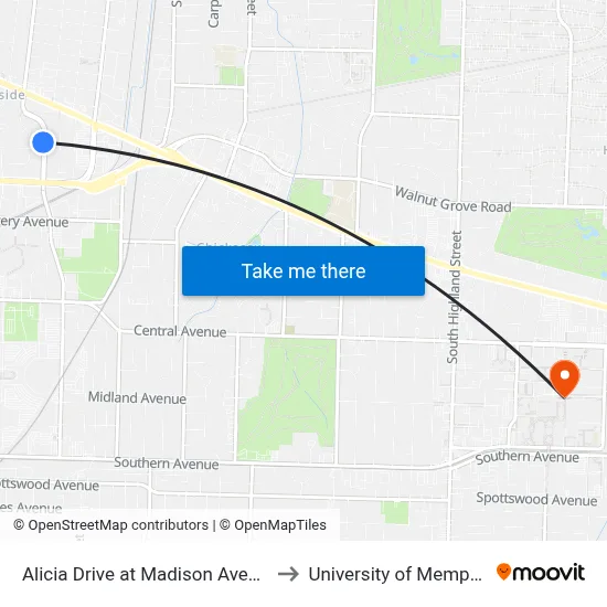 Alicia Drive at Madison Avenue to University of Memphis map