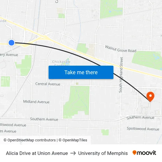Alicia Drive at Union Avenue to University of Memphis map