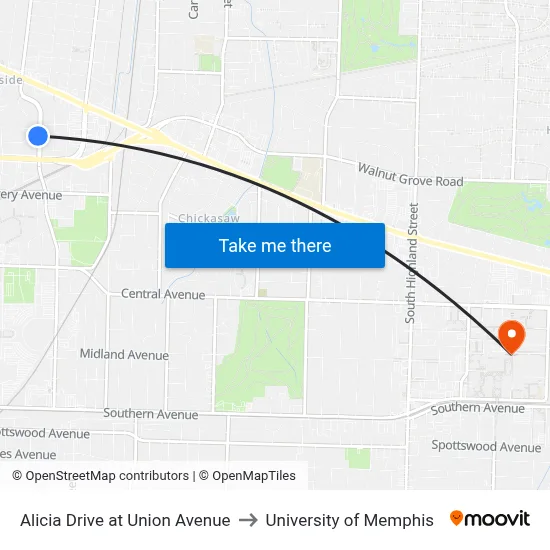 Alicia Drive at Union Avenue to University of Memphis map
