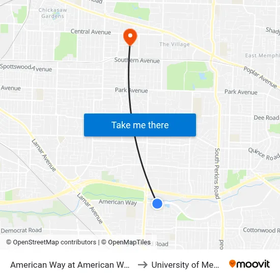 American Way at American Way Drive to University of Memphis map