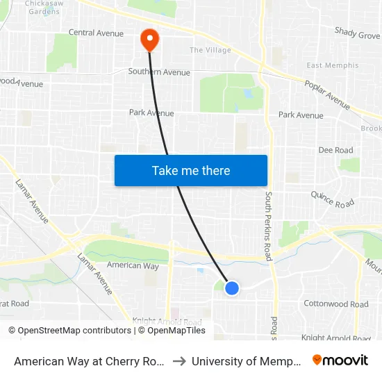American Way at Cherry Road to University of Memphis map