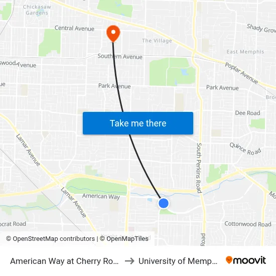 American Way at Cherry Road to University of Memphis map
