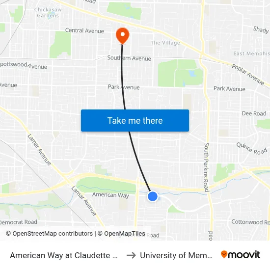 American Way at Claudette Road to University of Memphis map