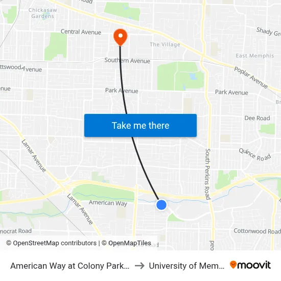 American Way at Colony Park Drive to University of Memphis map