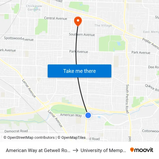 American Way at Getwell Road to University of Memphis map