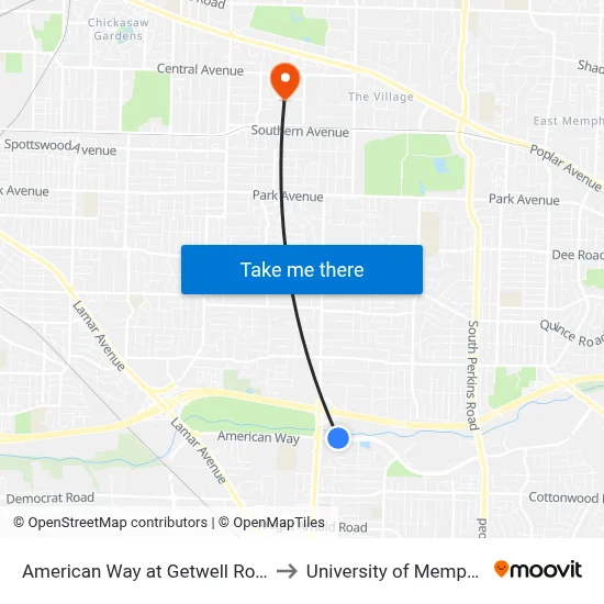 American Way at Getwell Road to University of Memphis map