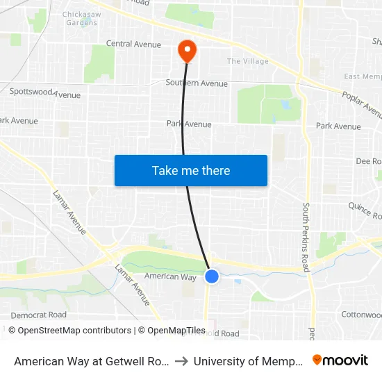 American Way at Getwell Road to University of Memphis map