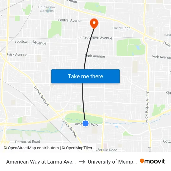 American Way at Larma Avenue to University of Memphis map