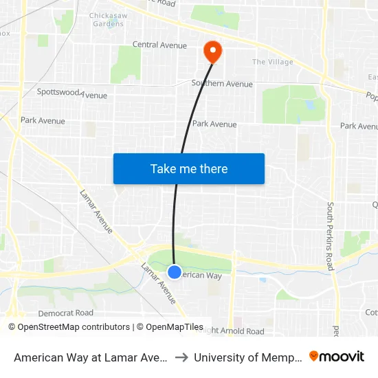American Way at Lamar Avenue to University of Memphis map