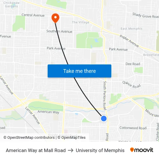 American Way at Mall Road to University of Memphis map