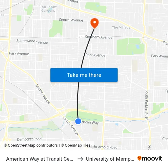 American Way at Transit Center to University of Memphis map