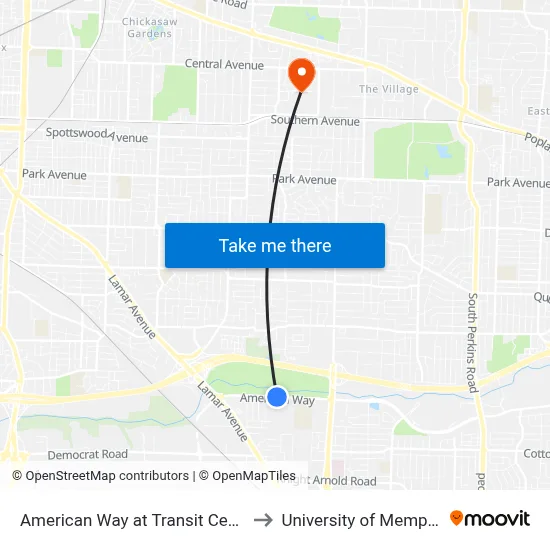 American Way at Transit Center to University of Memphis map