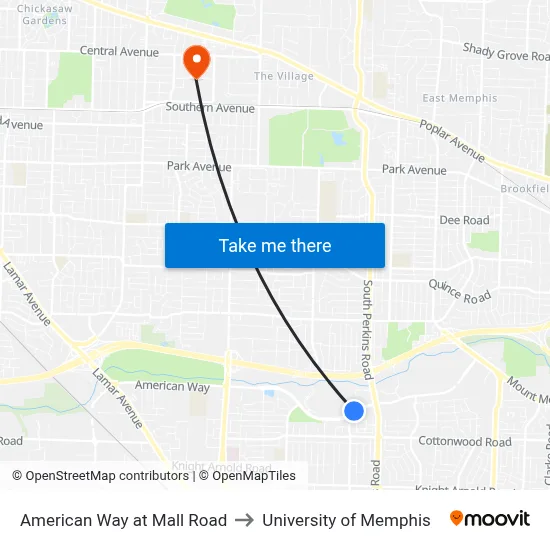 American Way at Mall Road to University of Memphis map