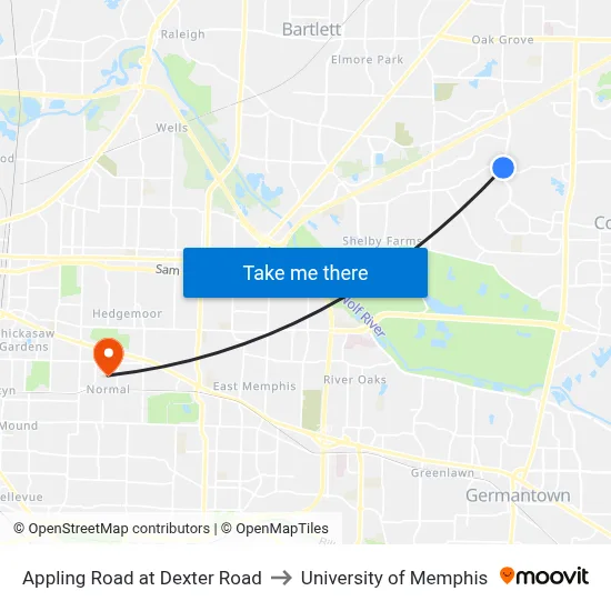 Appling Road at Dexter Road to University of Memphis map