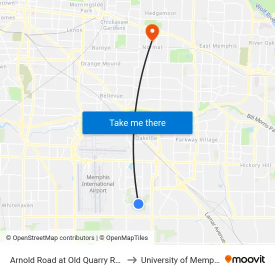 Arnold Road at Old Quarry Road to University of Memphis map