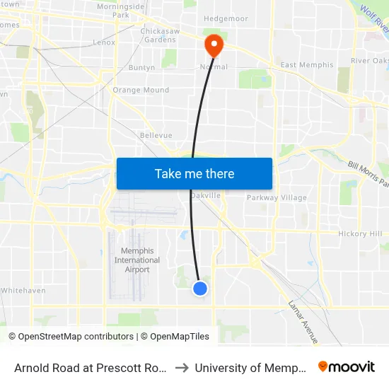 Arnold Road at Prescott Road to University of Memphis map