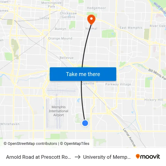 Arnold Road at Prescott Road to University of Memphis map