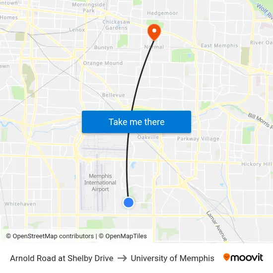 Arnold Road at Shelby Drive to University of Memphis map