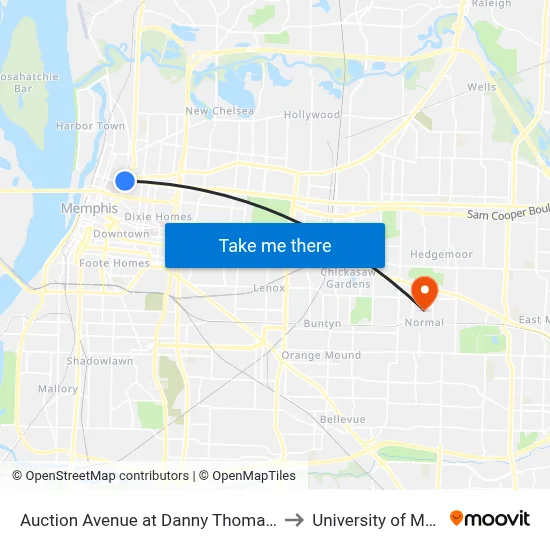 Auction Avenue at Danny Thomas Boulevard to University of Memphis map