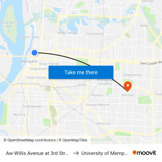 Aw Willis Avenue at 3rd Street to University of Memphis map