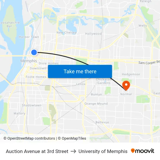 Auction Avenue at 3rd Street to University of Memphis map
