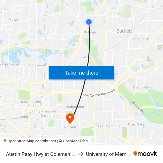 Austin Peay Hwy at Coleman Road to University of Memphis map