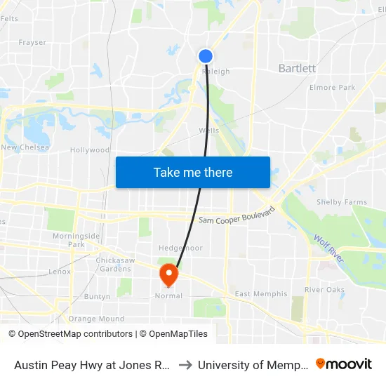 Austin Peay Hwy at Jones Road to University of Memphis map