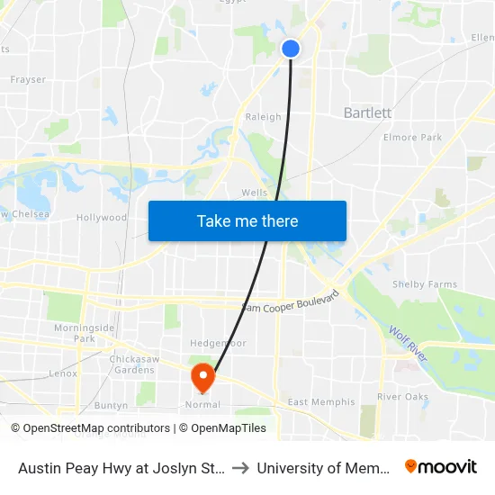 Austin Peay Hwy at Joslyn Street to University of Memphis map