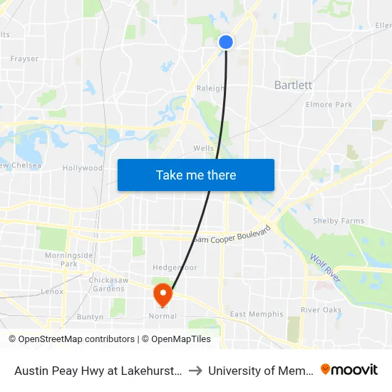 Austin Peay Hwy at Lakehurst Drive to University of Memphis map