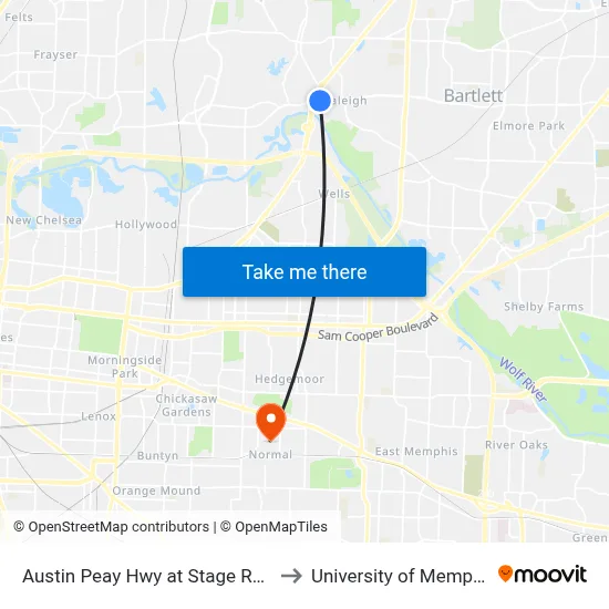 Austin Peay Hwy at Stage Road to University of Memphis map