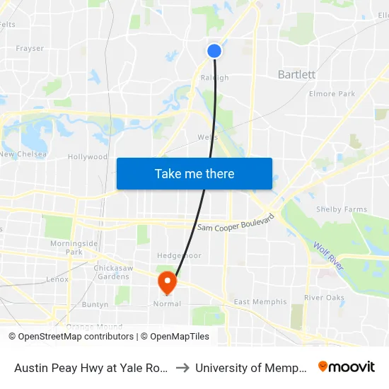 Austin Peay Hwy at Yale Road to University of Memphis map