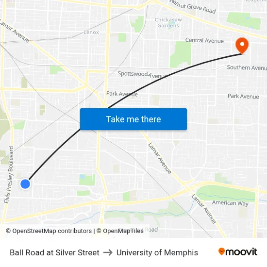 Ball Road at Silver Street to University of Memphis map