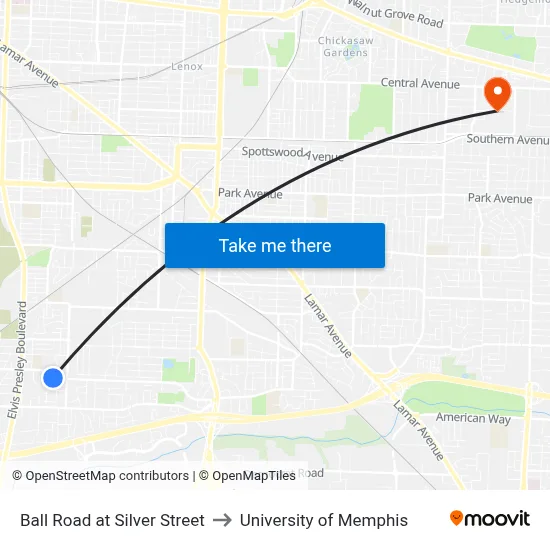 Ball Road at Silver Street to University of Memphis map
