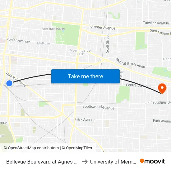 Bellevue Boulevard at Agnes Place to University of Memphis map