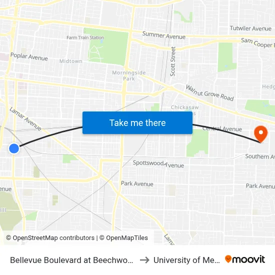 Bellevue Boulevard at Beechwood Avenue to University of Memphis map