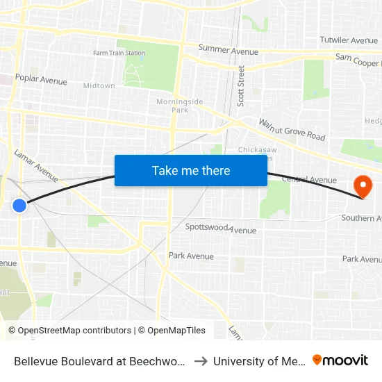 Bellevue Boulevard at Beechwood Avenue to University of Memphis map