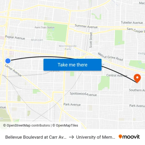Bellevue Boulevard at Carr Avenue to University of Memphis map